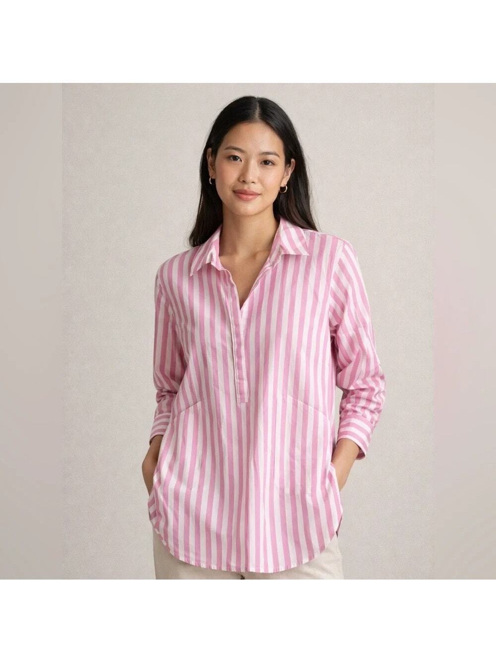 J. Crew Pink Stripe Collared Popover Side Pockets Cotton Preppy Tunic Shirt S